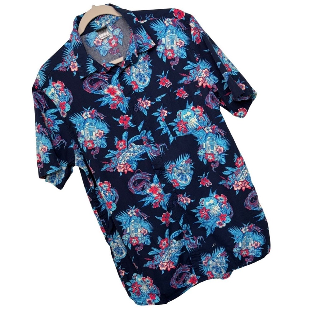 Star Wars Shirt Mens M Millennium Falcon R2-D2 Hawaiian Floral Button Up Black